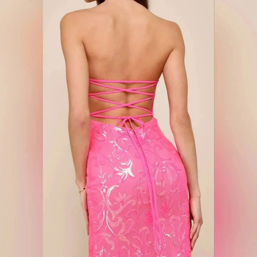 Lulus Glam Aura Hot Pink Iridescent Sequin Strapless Maxi Dress Prom Party - Picture 5 of 11